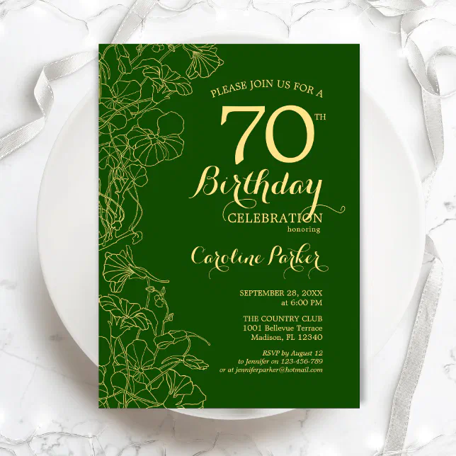 Green Gold Floral 70th Birthday Party Invitation Zazzle