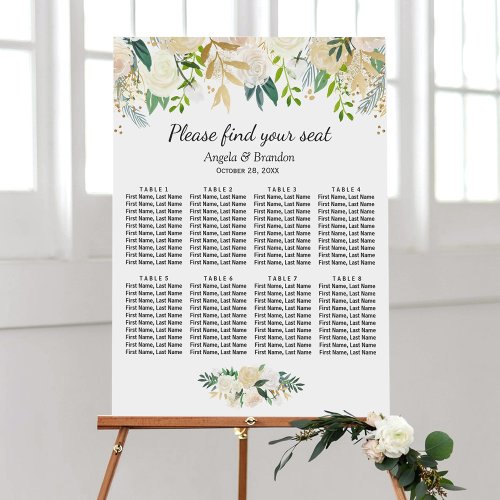 Green Gold Floral 8 Tables Wedding Seating Chart - This Ivory Greenery Gold Floral Wedding Seating Chart is the perfect way to create a sophisticated and stylish atmosphere at your wedding. With its delicate blend of ivory, greenery and gold florals, this seating chart is sure to catch the eye of your guests. The chart can be used to accommodate 8 tables and can be personalized to suit your specific needs, making it the ideal choice for any wedding event. And for your convenience, it also available as a digital download for self-printing.