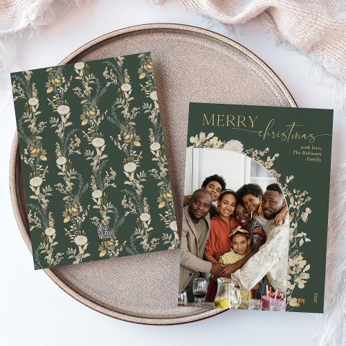 Green Gold Floral Arch 1 Photo Christmas Card