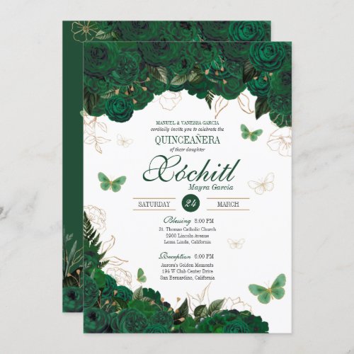 Green  Gold Floral Butterfly Elegant Quinceanera Invitation