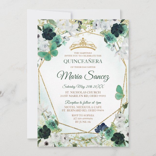 Green & Gold Floral Charra QUINCEAÑERA Invite (Front)