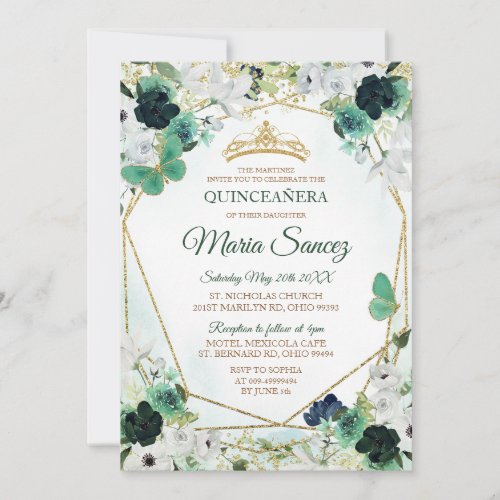 Green  Gold Floral Charra QUINCEAERA Invite