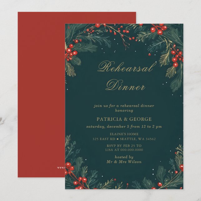 Green Gold Floral Christmas Rehearsal Dinner Invitation (Front/Back)