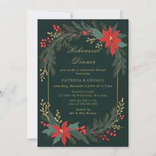 Green Gold Floral Christmas Rehearsal Dinner Invitation