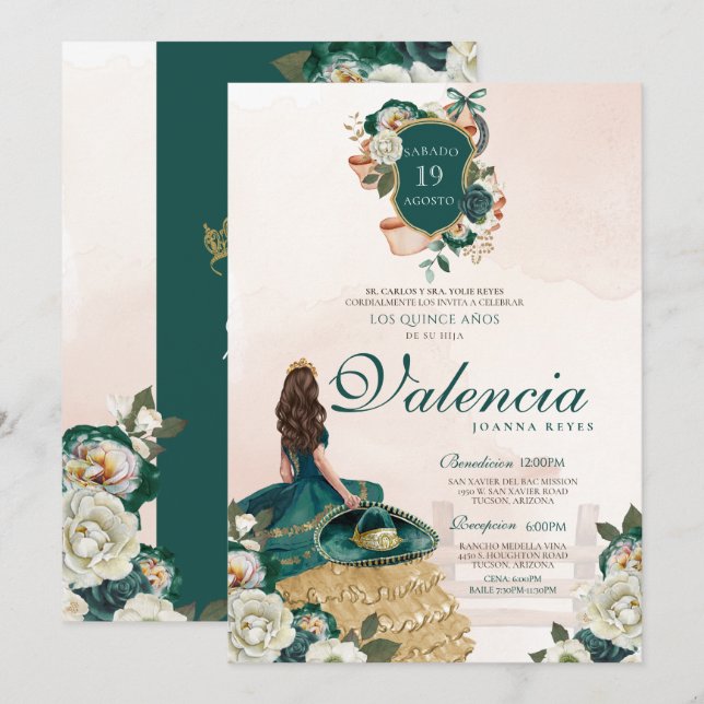 Green Gold Floral Crest Elegant Charra Quinceanera Invitation (Front/Back)