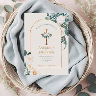 Green Gold Floral Cross Christian Baptism Invitation