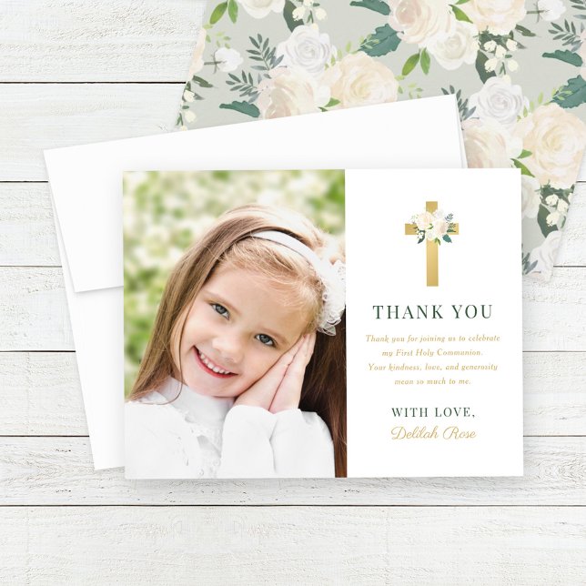 Green Gold Floral Cross First Communion Photo Thank You Card (Creator Uploaded)