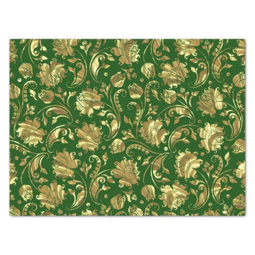 Green  Gold Floral Damasks Pattern Tissue Paper