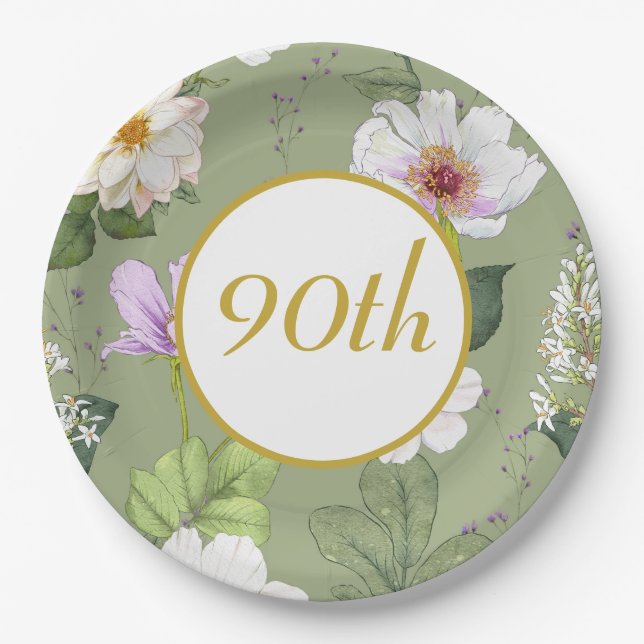  Green Gold Floral Elegant Modern Age Paper Plates (Front)