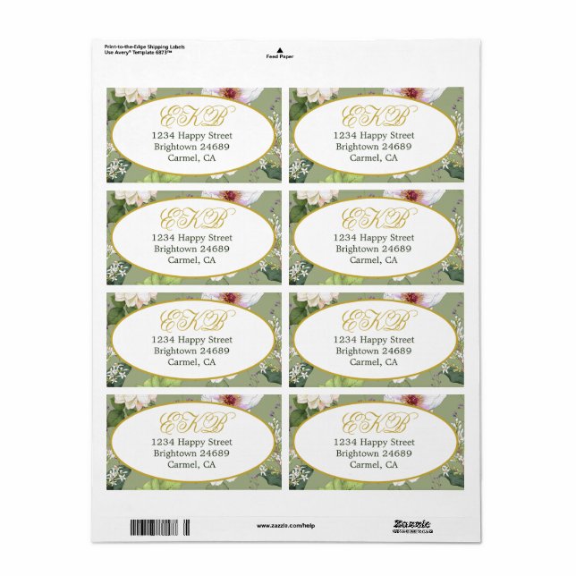  Green Gold Floral Elegant Modern Monogram Label (Full Sheet)