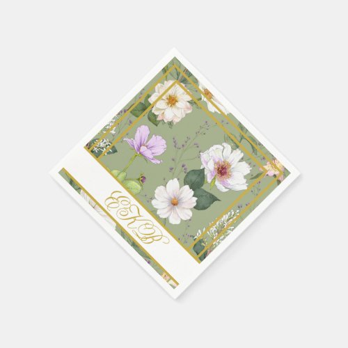  Green Gold Floral Elegant Modern Monogram Napkins