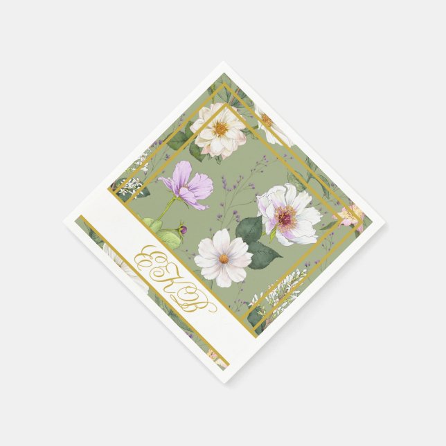  Green Gold Floral Elegant Modern Monogram Napkins (Corner)
