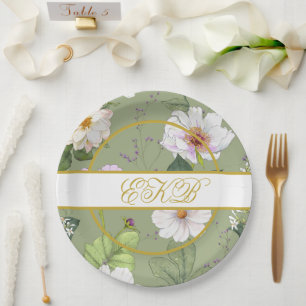 Green Gold Floral Elegant Modern Monogram Paper Plates