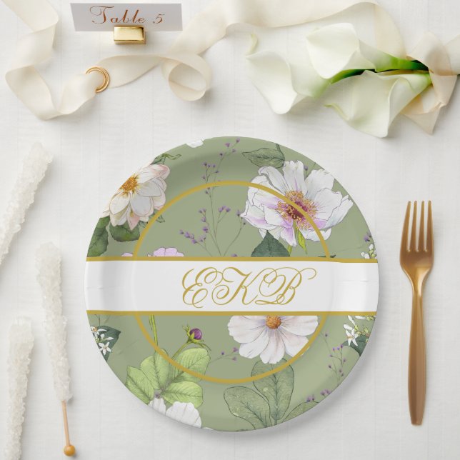  Green Gold Floral Elegant Modern Monogram Paper Plates (Wedding)