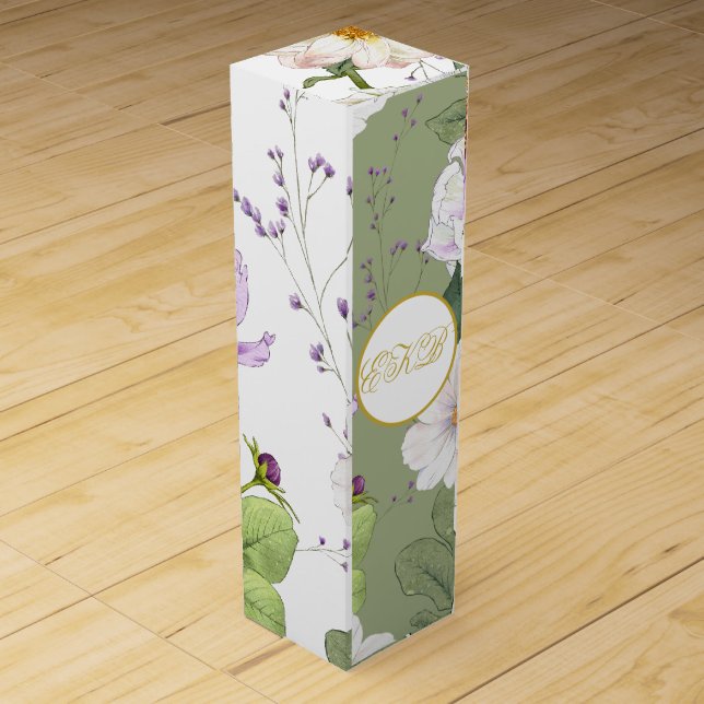  Green Gold Floral Elegant Modern Monogram Wine Box (Front)