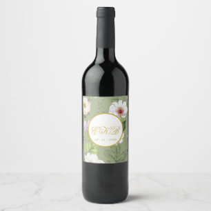 Green Gold Floral Elegant Modern Monogram Wine Label