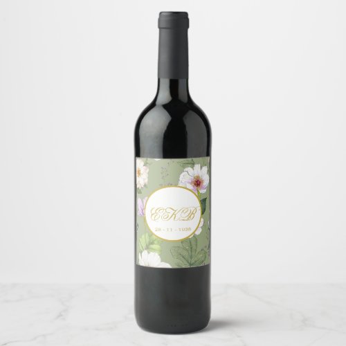  Green Gold Floral Elegant Modern Monogram Wine Label