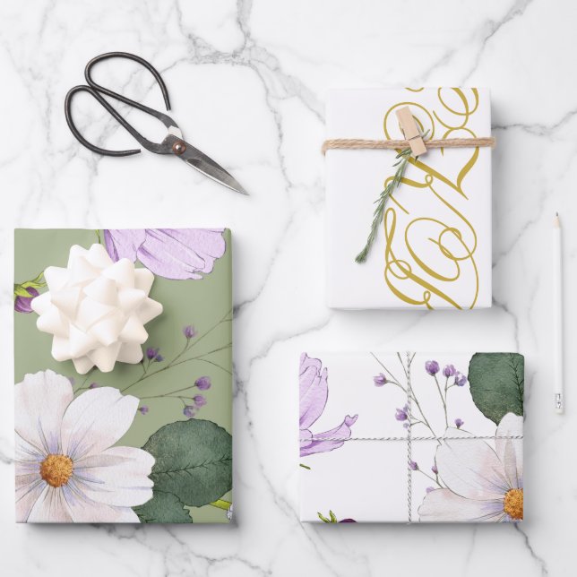  Green Gold Floral Elegant Modern Monogram Wrapping Paper Sheets (Front)