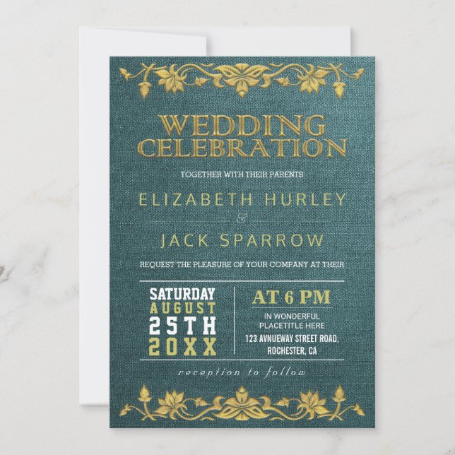 Green & Gold Floral Embroidery Wedding Invitations (Front)