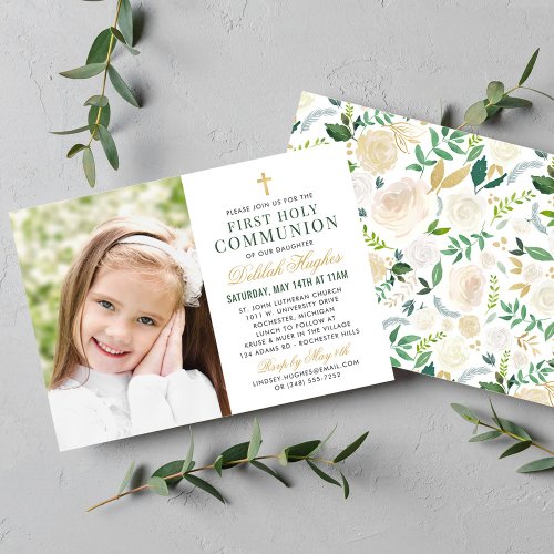 Green Gold Floral First Holy Communion Girl Photo Invitation