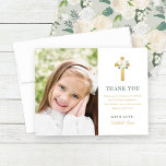 Green Gold Floral First Holy Communion Girl Photo Thank You Card<br><div class="desc">This elegant First Holy Communion thank you card designed for a girl features a 3.5 x 5" photo of your daughter with stylish green, gold, and soft black text that can be fully personalized for your event, accented by a gold floral cross. A beautiful floral pattern of neutral white, blush...</div>