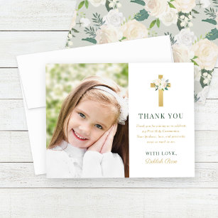 Green Gold Floral First Holy Communion Girl Photo Thank You Card
