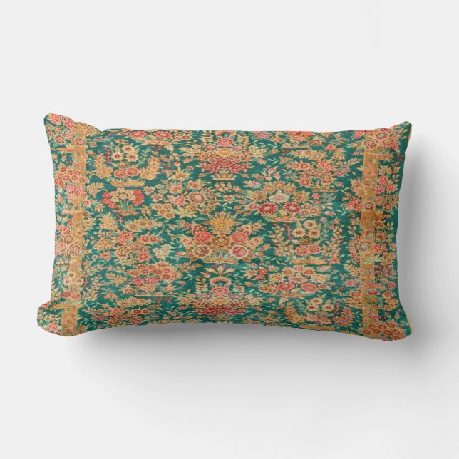 Green Gold Floral Flower Persian Turkish Rug Print Lumbar Pillow (Front)