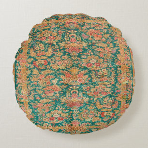 Green Gold Floral Flower Persian Turkish Rug Print Round Pillow