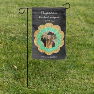 Green Gold Floral & Graduate Photo Garden Flag