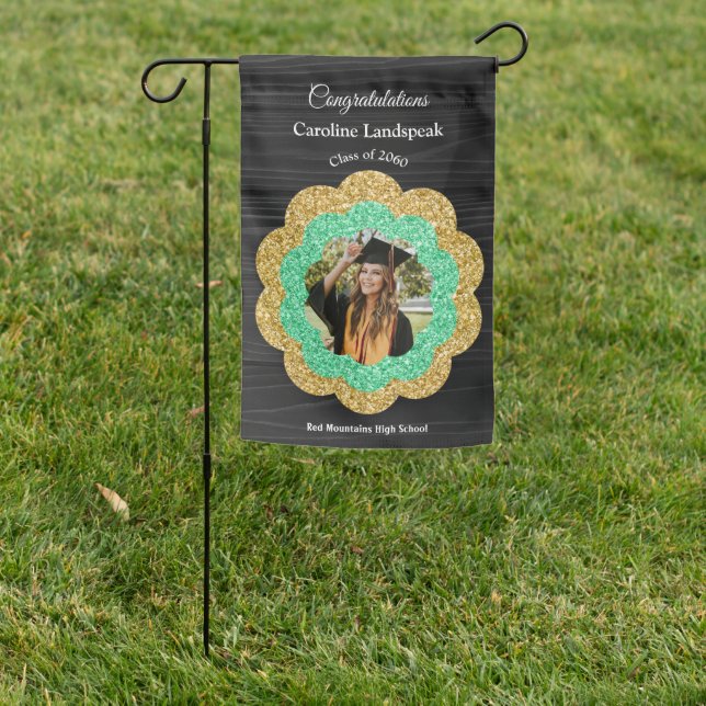 Green Gold Floral & Graduate Photo Garden Flag (In SItu)