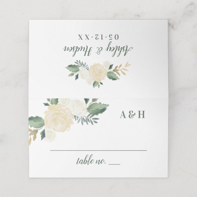 Green Gold Floral Greenery Monogram Wedding Place Card (Outside Unfolded)