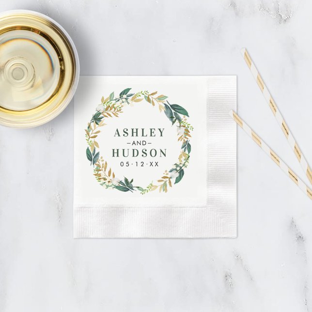 Green Gold Floral Greenery Wreath Wedding Monogram Napkins (Creator Uploaded)