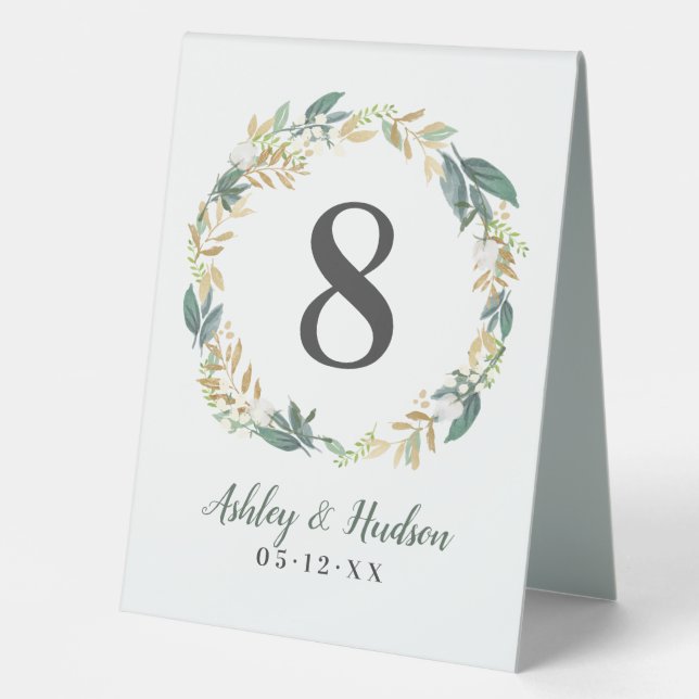Green Gold Floral Greenery Wreath Wedding Number Table Tent (Front)