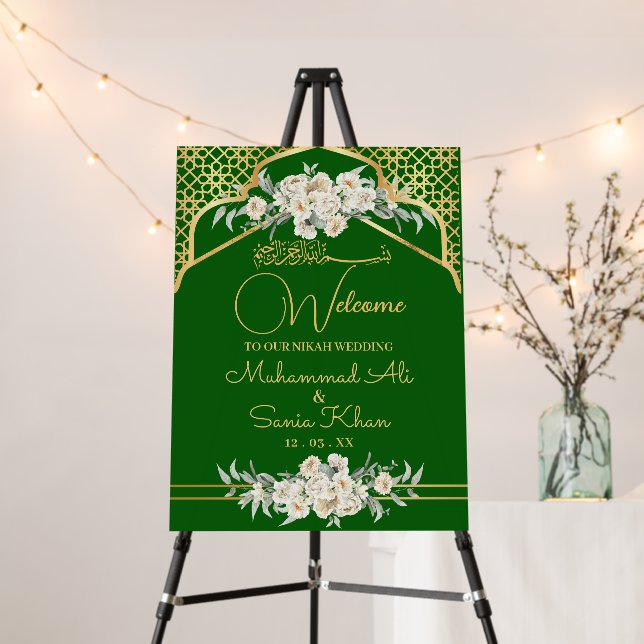 Green Gold Floral Nikah Wedding Welcome Sign (In Situ (Stand))