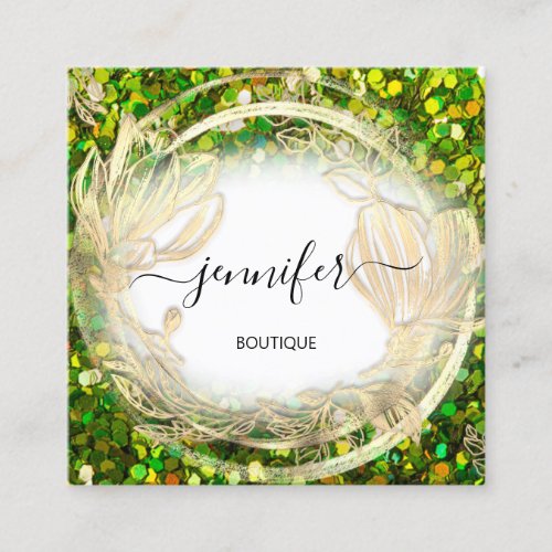 Green Gold Floral QRCode Logo Square   Square Business Card