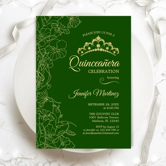 Green Gold Floral Quinceanera Party Invitation (Creator Uploaded)