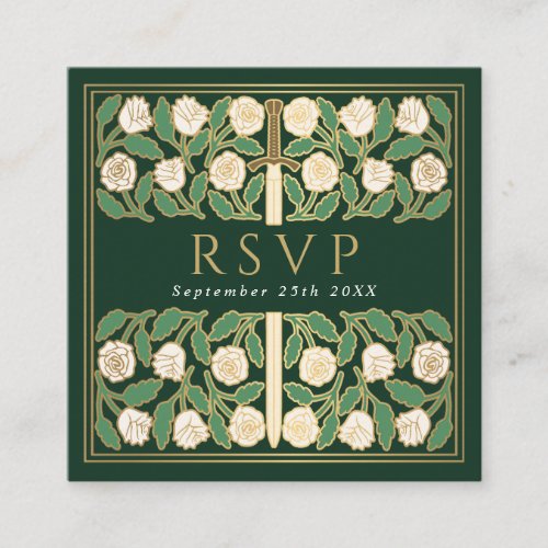 Green Gold Floral Royal Wedding RSVP QR Code Enclosure Card