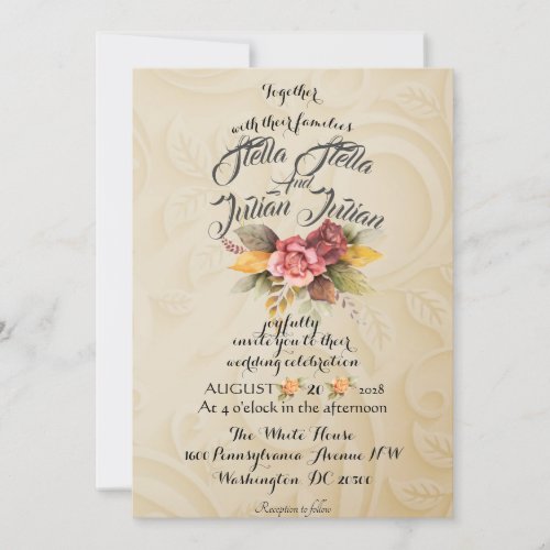 Green Gold Floral Rustic Elegant White Wedding Invitation