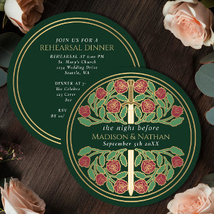Green Gold Floral Sword Royal Wedding Rehearsal Invitation