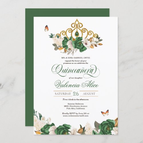 Green  Gold Floral Tiara Butterfly Quinceaera Invitation