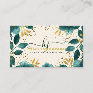 Green Gold Floral Watercolor Monogram iinitial Business Card