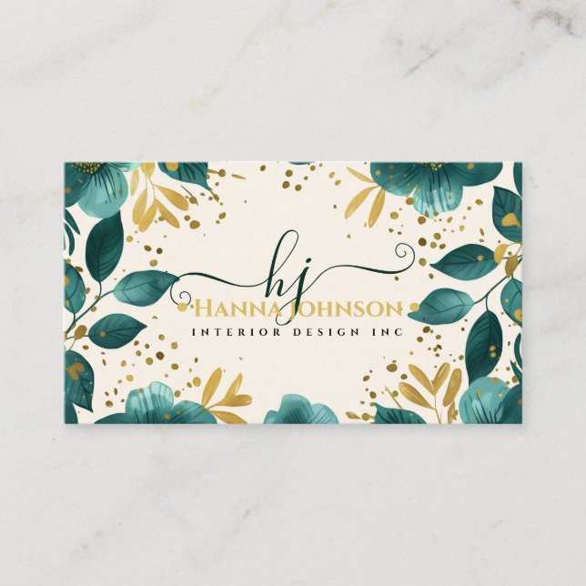 Green Gold Floral Watercolor Monogram iinitial Business Card (Front)