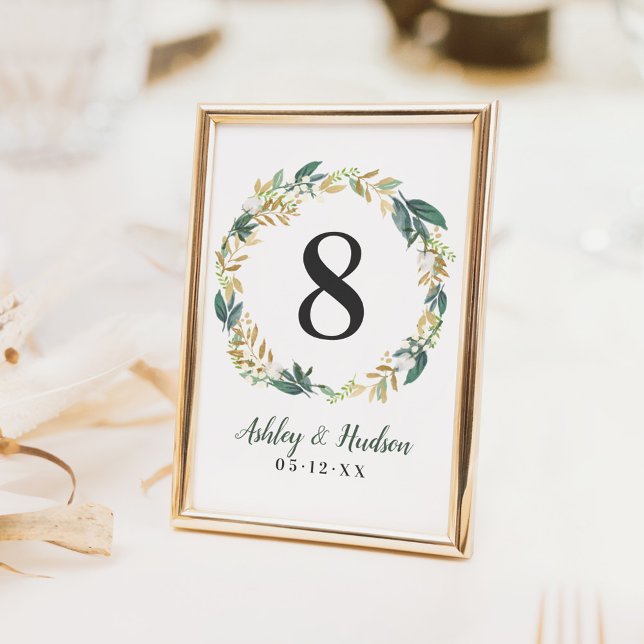 Green Gold Floral Wreath Table Number Card (Creator Uploaded)
