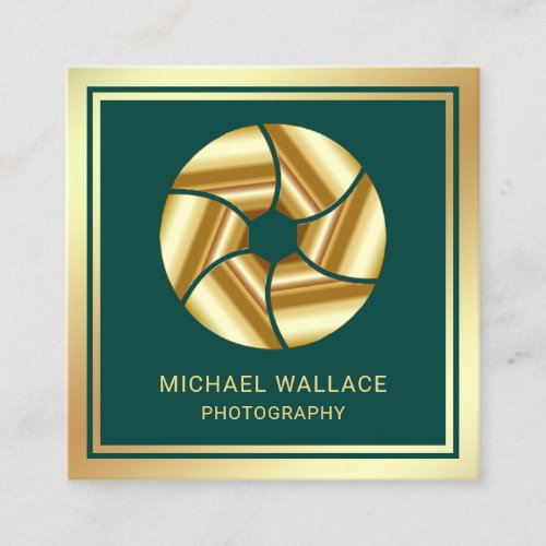 Green Gold Foil Camera Shutter Lens Photographer Square Business Card