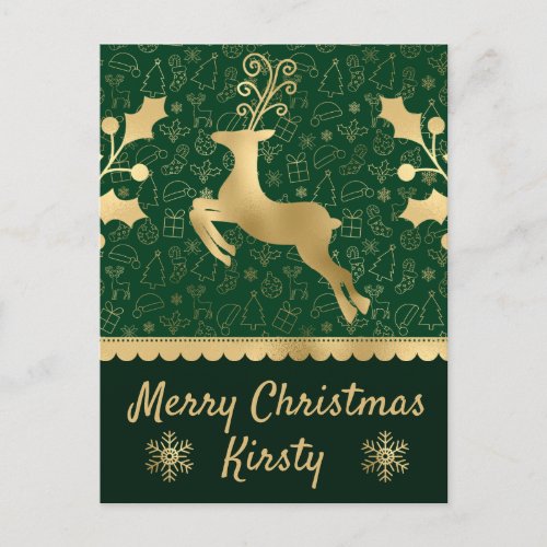 Green  Gold Foil Christmas Reindeer  Holly Holiday Postcard