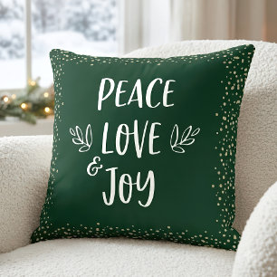 Green Gold Foil Dots Peace Love Joy Script Modern  Throw Pillow
