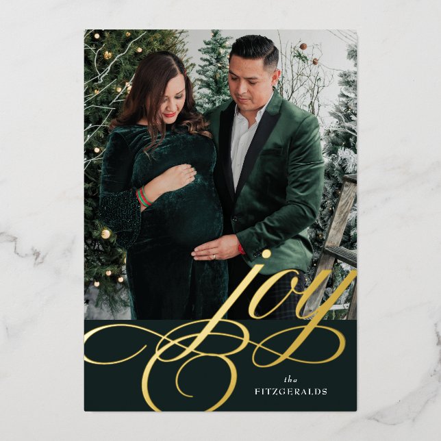 Green/Gold Foil Festive Flourish Joy Holiday Card (Front)