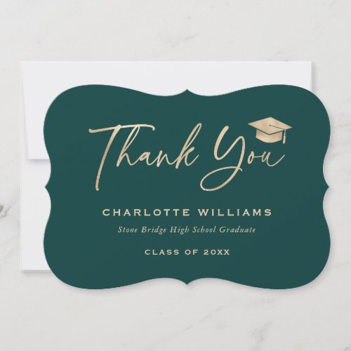 Green Gold Foil Graduation Cap Elegant Thank You Card
