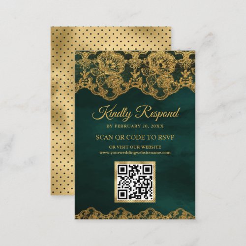 Green Gold Foil Lace QR Code RSVP Wedding Website Enclosure Card