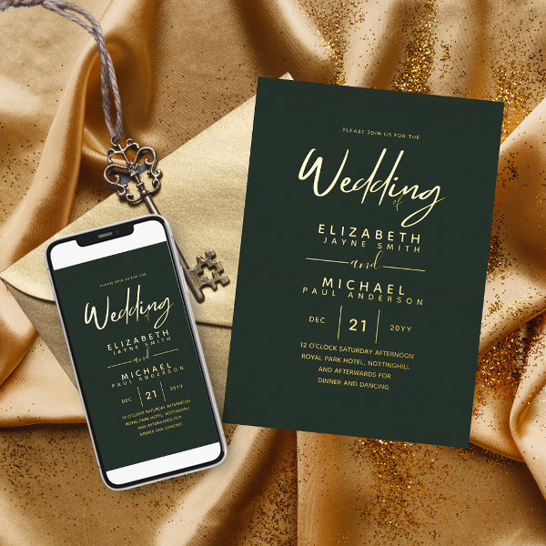 Green Gold Foil Script Elegant Modern Wedding Foil Invitation